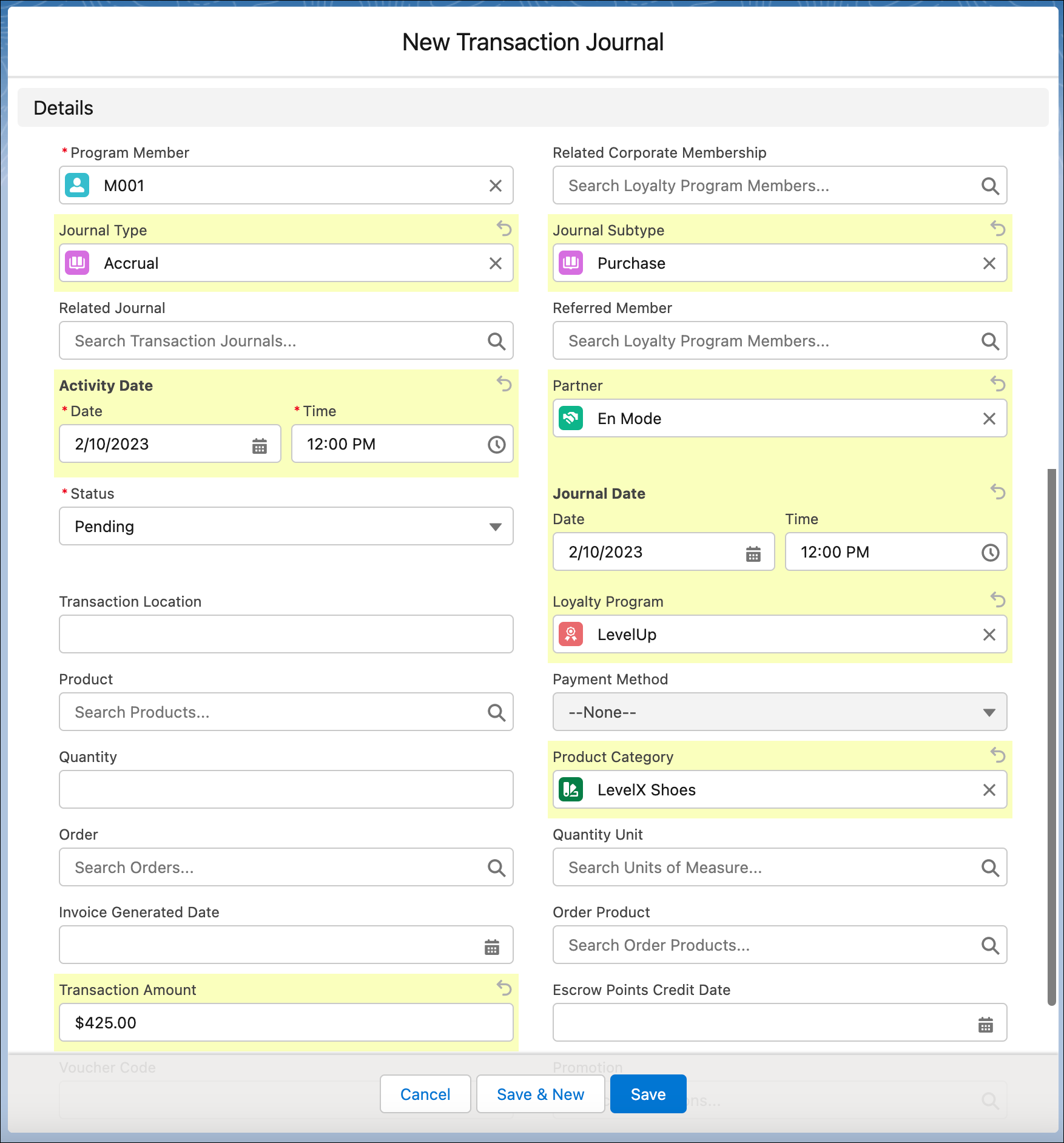 The New Transaction Journal window where you manually create a transaction journal.