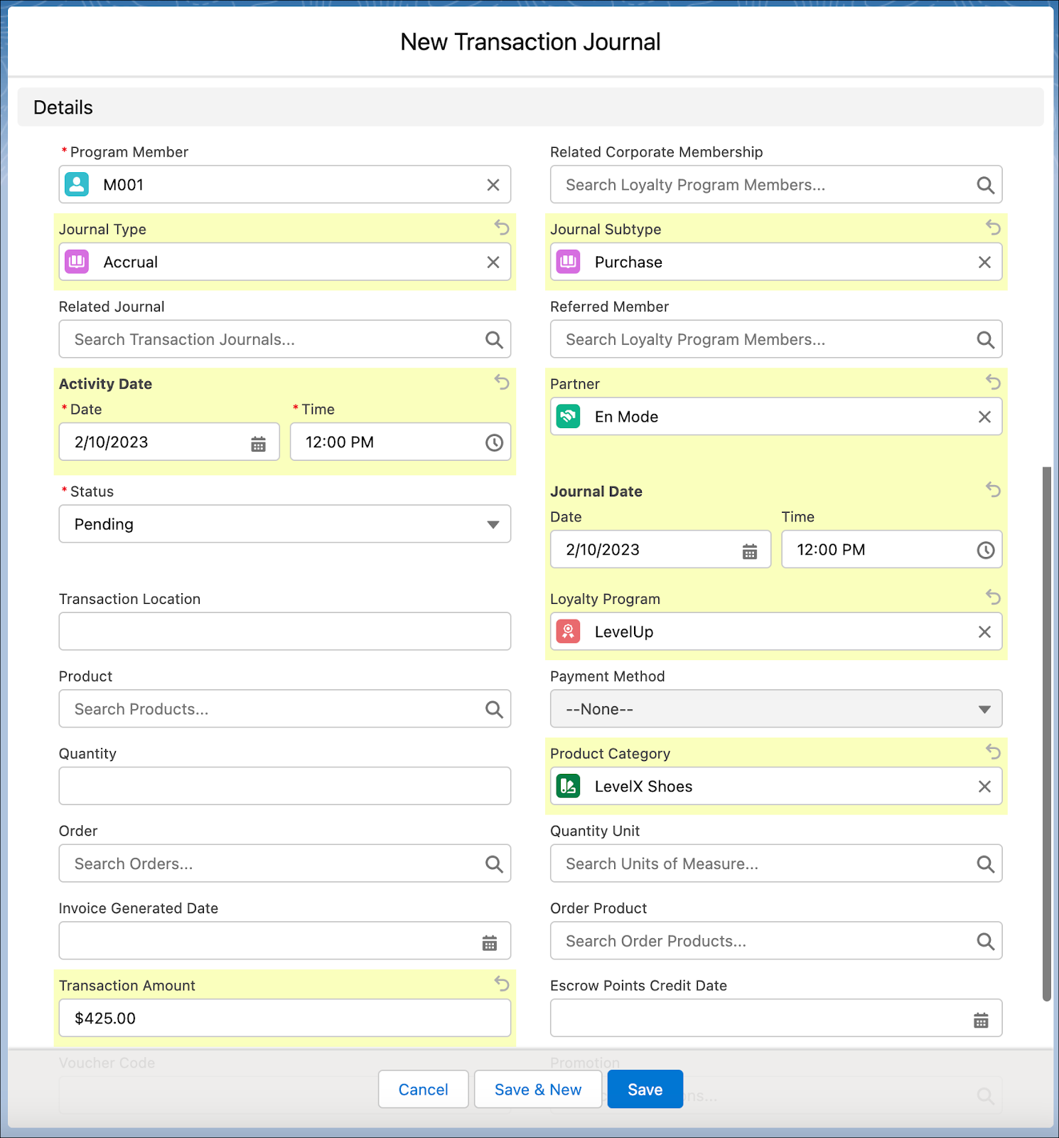 The New Transaction Journal window where you manually create a transaction journal.