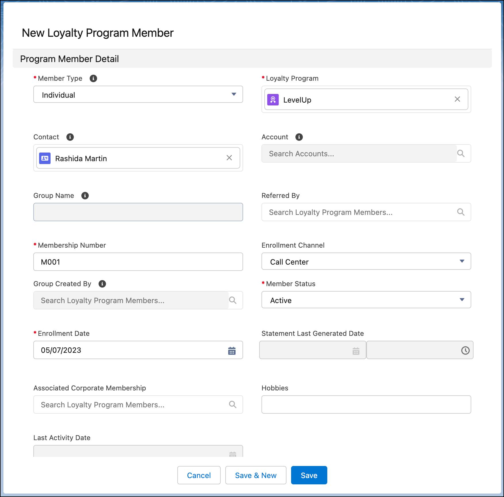 The New Loyalty Program Member window where you add members to a loyalty program.