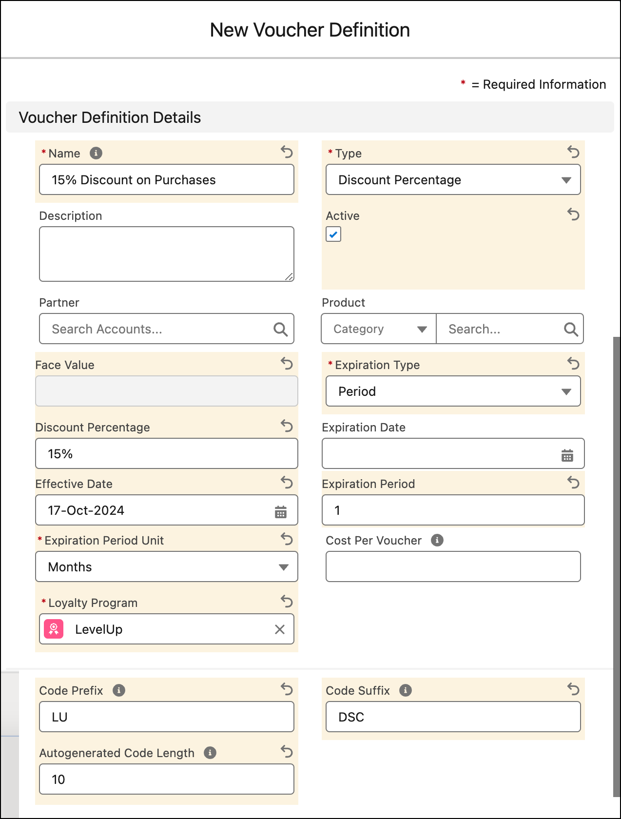 The New Voucher Definition window where you define the details of a voucher.