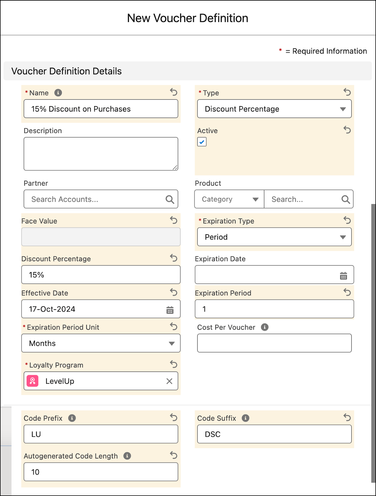 The New Voucher Definition window where you define the details of a voucher.