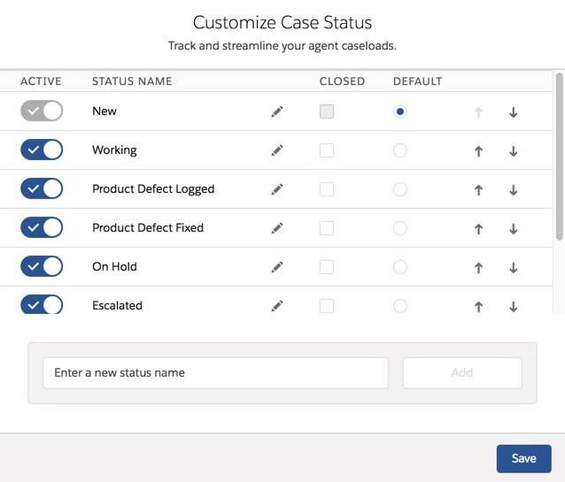 Opciones de la lista de selección Customize Case Status (Personalizar estado de casos).