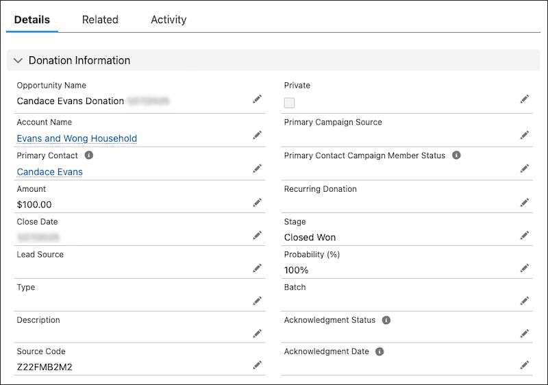 The completed opportunity record includes all of the data you entered in the last step, including in the new Source Code field.