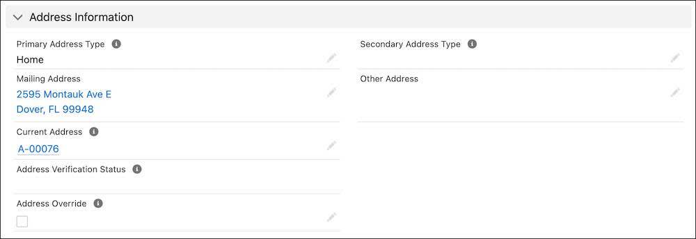 The Mailing Address field on Alexi’s contact record.