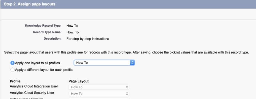 Step 2 of Record Type creation showing the How To layout selected.