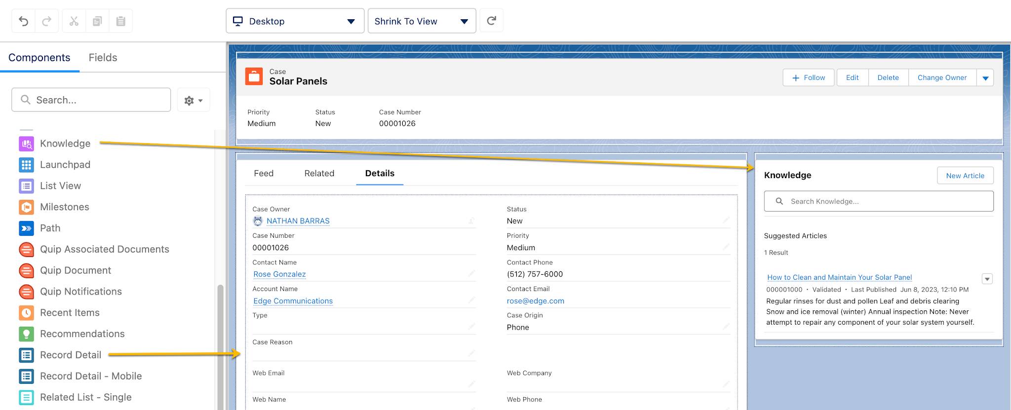 Shows Record Detail and Knowledge placed into the proper areas of the page.