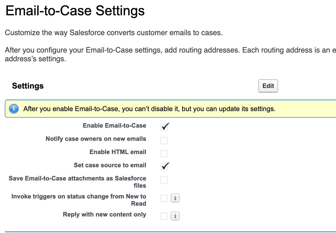 [Enable Email-to-Case (メール-to-ケースの有効化)] チェックボックスがオンであることを示すスクリーンショット