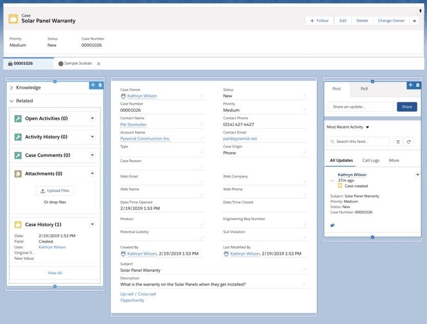 Formato personalizado de la página de registro del caso con los componentes: Knowledge, Related Lists (Listas relacionadas), Record Detail (Detalles del registro) y Chatter.