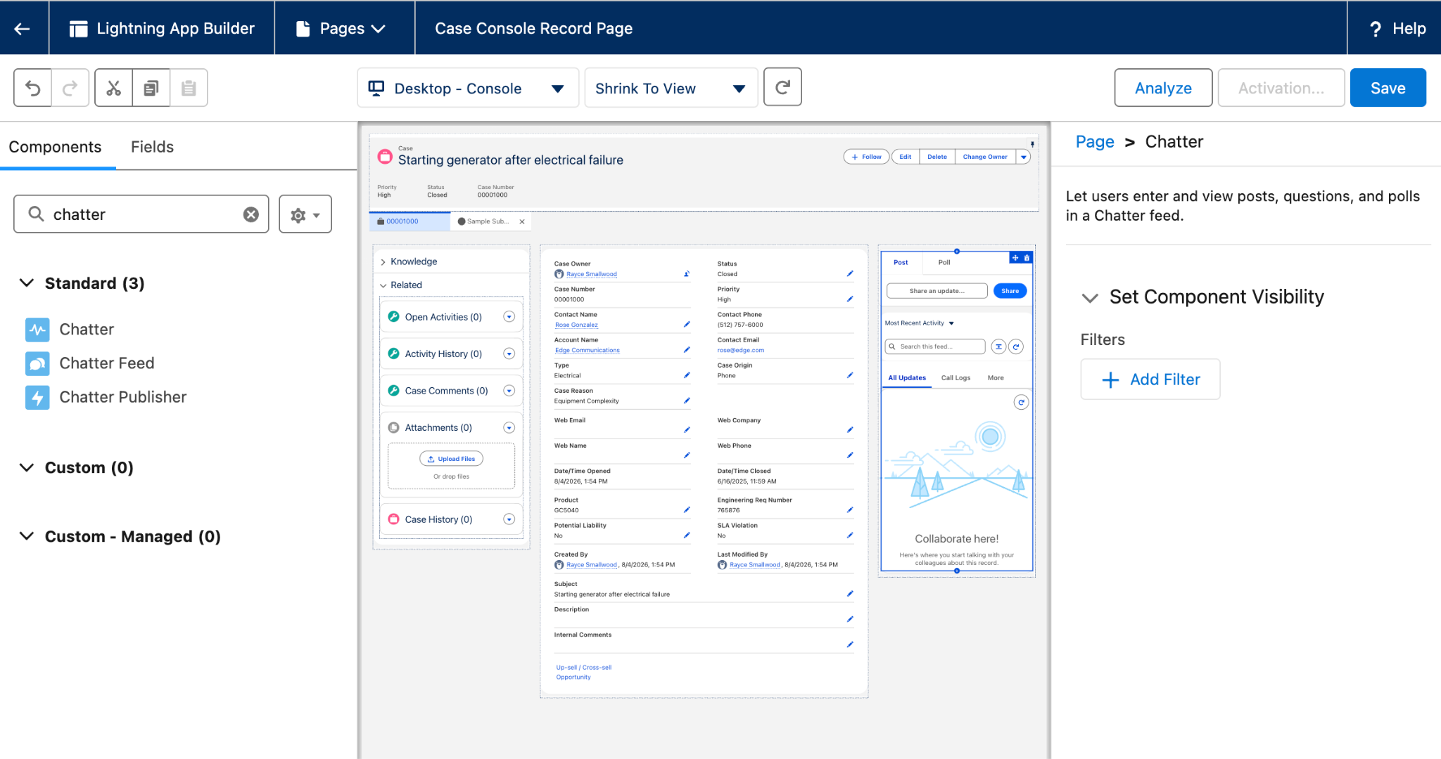 The customized Case record page layout with Knowledge, Related Lists, Record Detail, and Chatter components added.