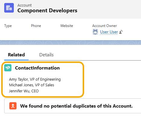 Die Komponente 'ContactInformation' listet Kontakte auf der Registerkarte 'Related' (Themen) im Account 'Component Developers' auf.