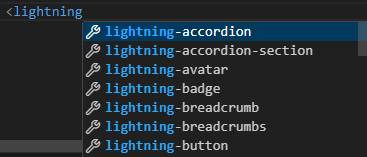 Janela do IntelliSense no componente do Lightning básico que mostra uma lista de componentes do Lightning de base, como ightning-accordion e lightning-button.