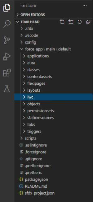 Vista del explorador de archivos de un proyecto de Salesforce DX en Visual Studio Code, que muestra los subdirectorios .sfdx, .vscode, config y force-app.