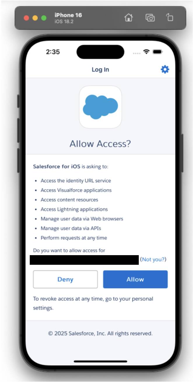 Fenêtre du simulateur iPhone Xcode, affichant l’invite Autoriser l’accès dans l’application mobile Salesforce.