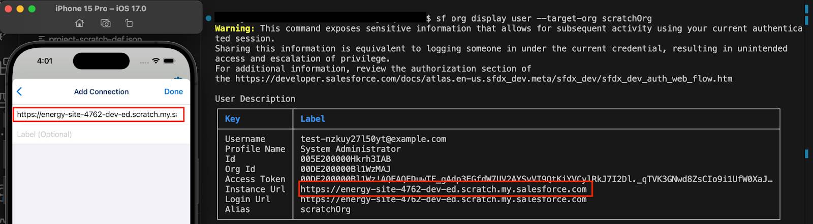ターミナル出力に含まれているインスタンス URL「https://energy-site-4762-dev-ed.scratch.my.salesforce.com」。