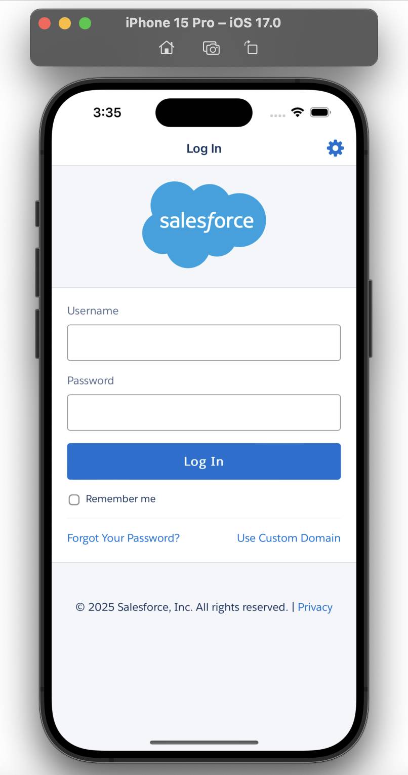 휴대폰 화면의 Salesforce 로그인 페이지.