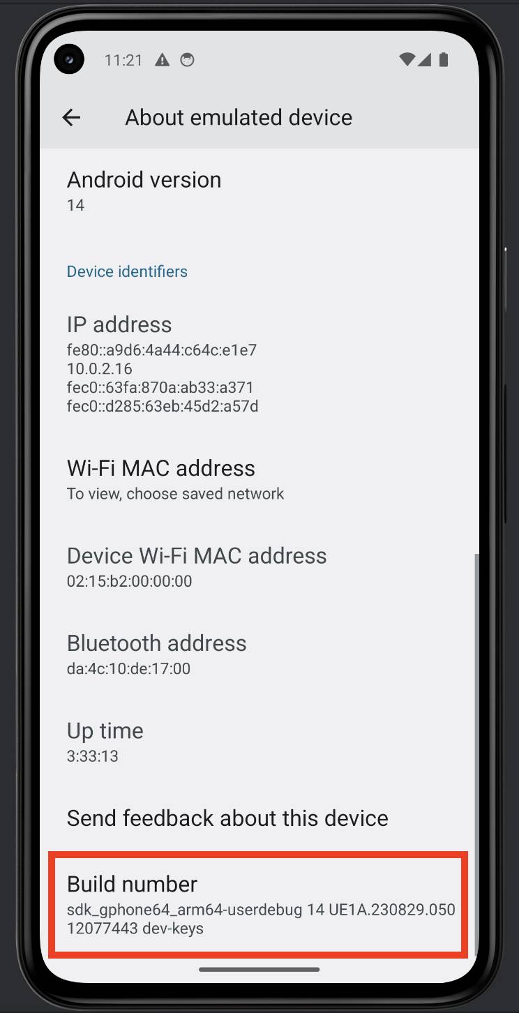 Build number location in “About emulated device” settings.