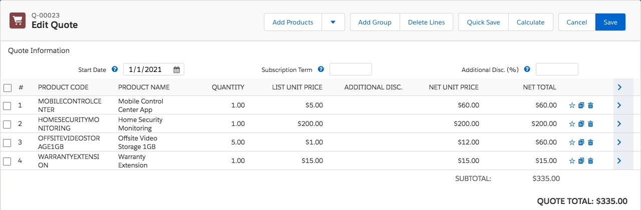 Quote Line Editor page