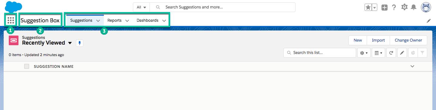 Captura de pantalla de la aplicación Suggestion Box (Buzón de sugerencias) con cuadros de color verde alrededor del icono Iniciador de aplicación, Nombre de aplicación y Menú de navegación