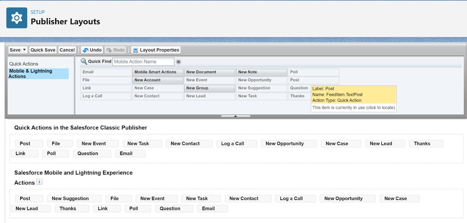 Screenshot of the Publisher Layouts screen with Mobile and Lightning Actions highlighted.