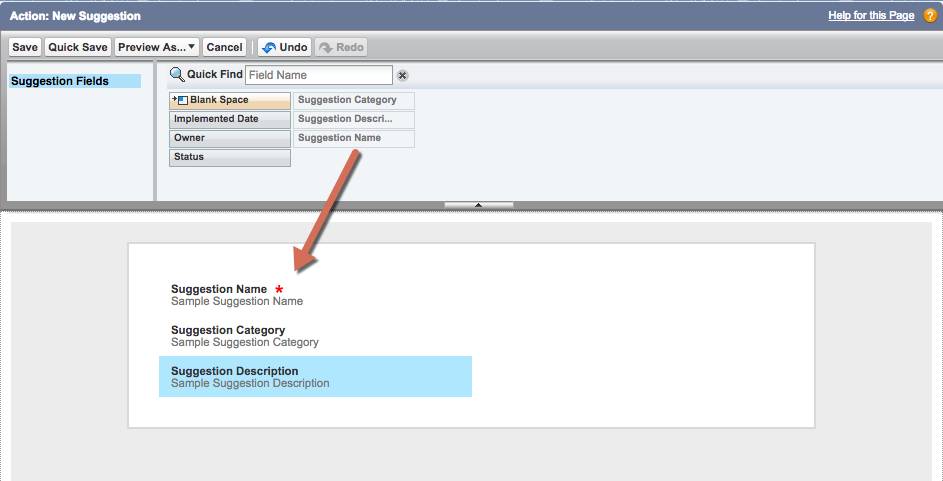 Captura de pantalla de la acción: New Suggestion (Nueva sugerencia) mostrando Suggestion Category (Categoría de sugerencia) y Suggestion Description (Descripción de sugerencia) agregados a los campos de descripción