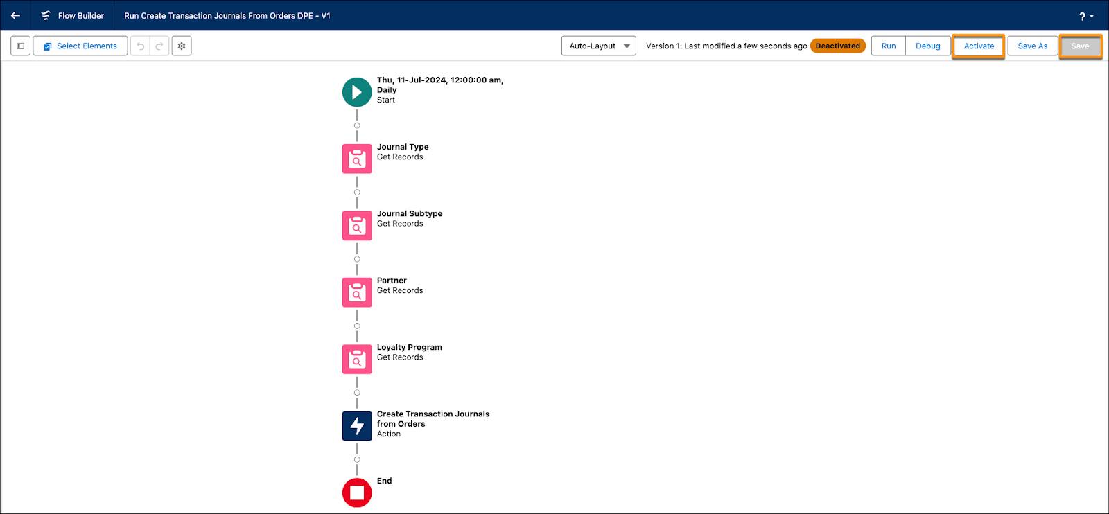 The flow builder page where you add elements and activate the flow.