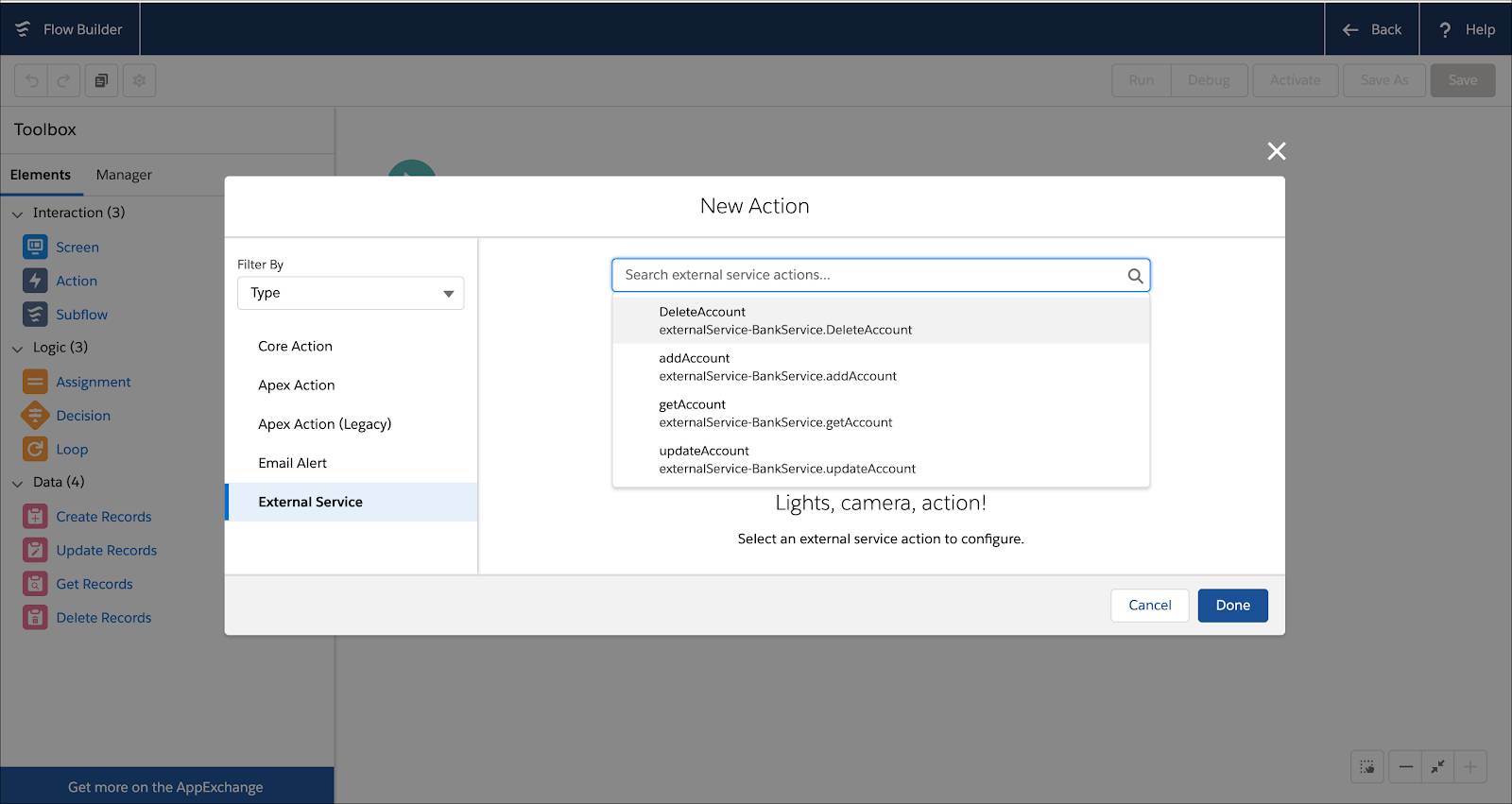 New Action window with External Service highlighted.