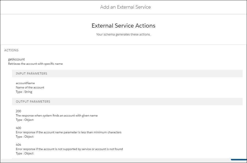 Ação getAccount na janela External Service Actions (Ações de serviços externos)