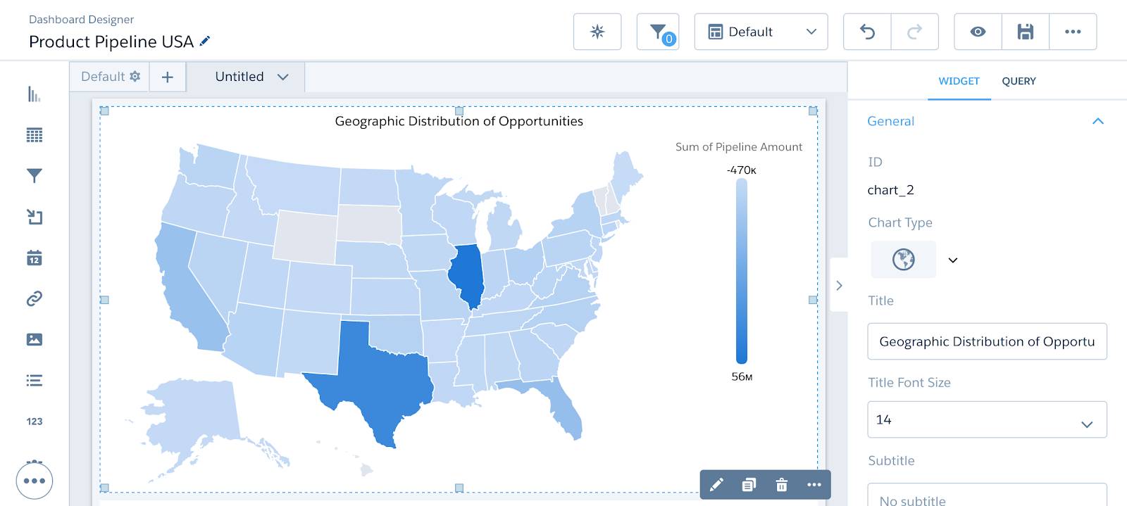 Graphique de carte des États-Unis avec un titre dans le concepteur de tableau de bord