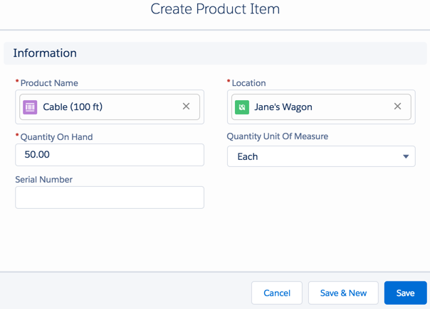 Create Product Item page