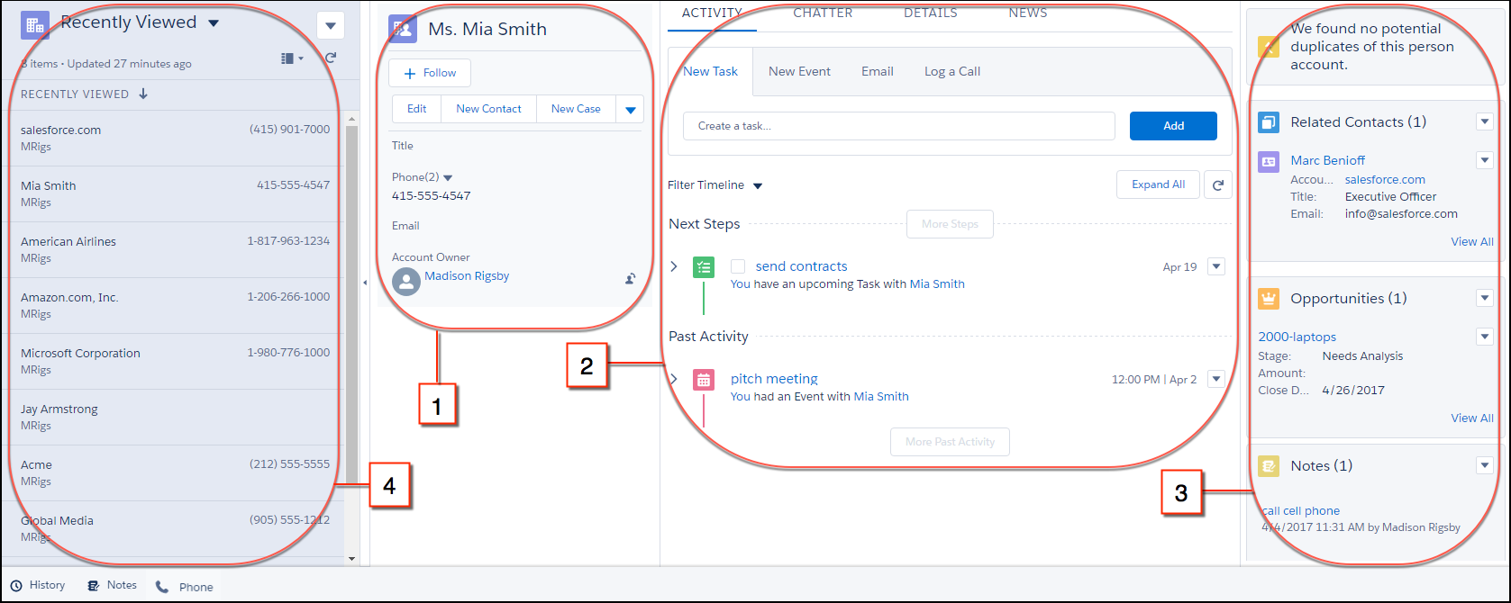 Lightning Sales Console with highlights panel, workspace, and related lists