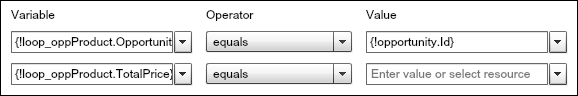 Flow assignments that set the loop variable's Opportunity ID and Total Price fields.