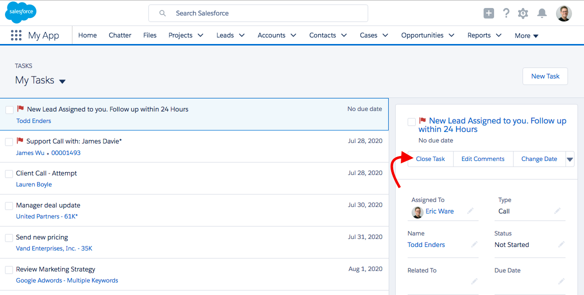 Close Task action on the Tasks page