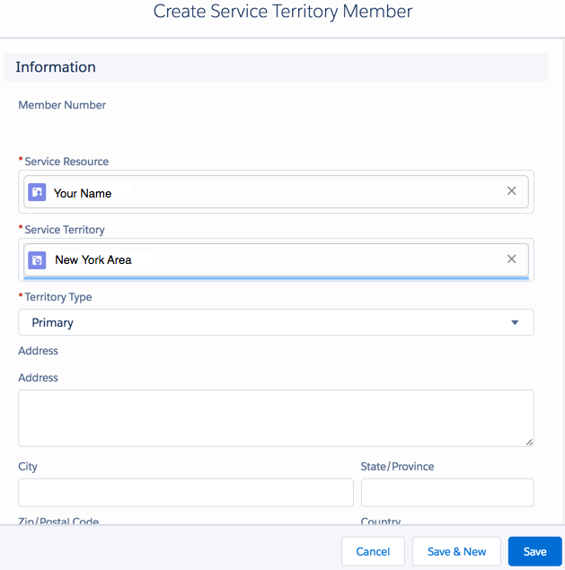 Create Service Territory Member dialog