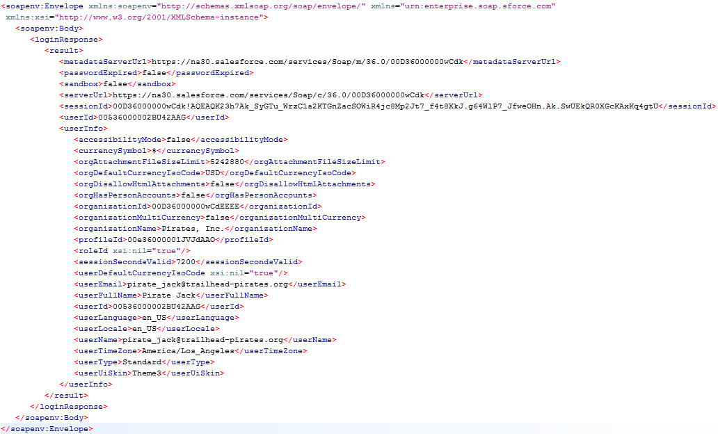 SOAP API login response 
