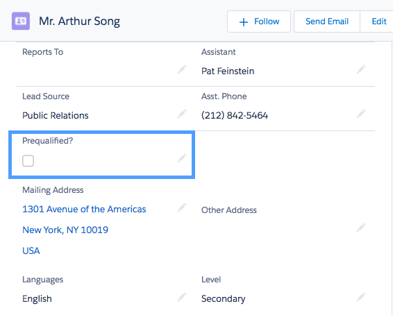 A contact detail page with the new Prequalified field displaying.