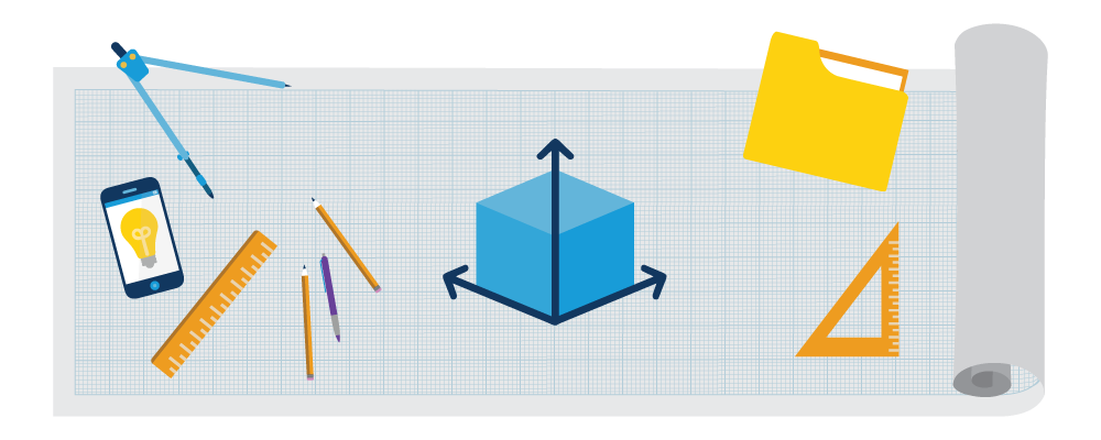 Cartoon of tools of designing and plotting.