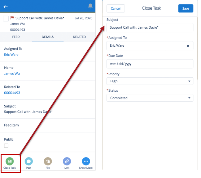 Close Task action in the Salesforce app
