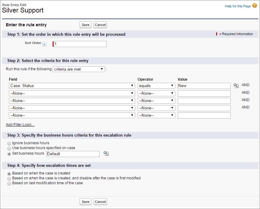 A screen shot of case escalation rule criteria.