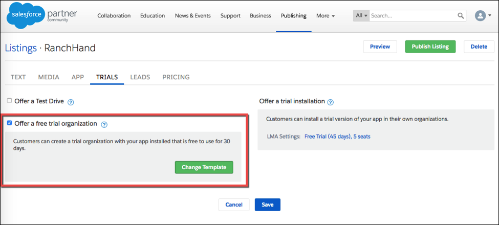 Select Offer a free trial organization on your Listing