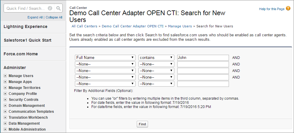 A screenshot of finding users with criteria in Call Center setup.