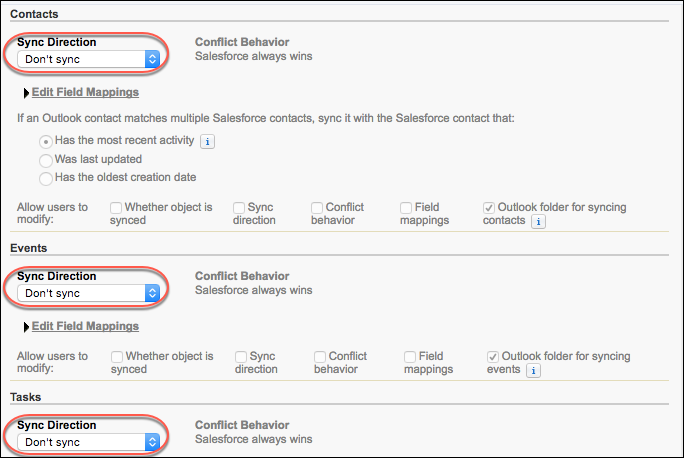 Settings for sync directions