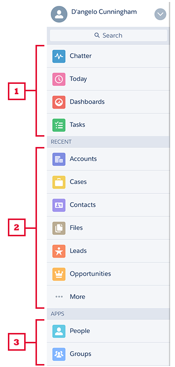 A diagram that calls out the three sections of the navigation menu