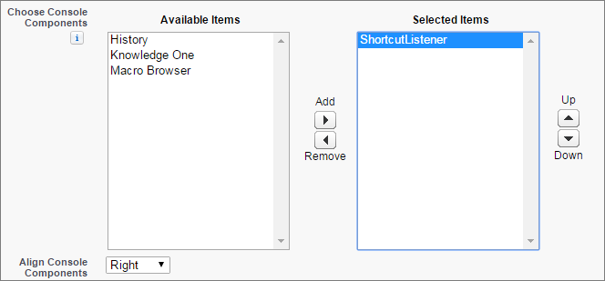 A screen shot of the choose console components field in setup with ShortcutListener selected