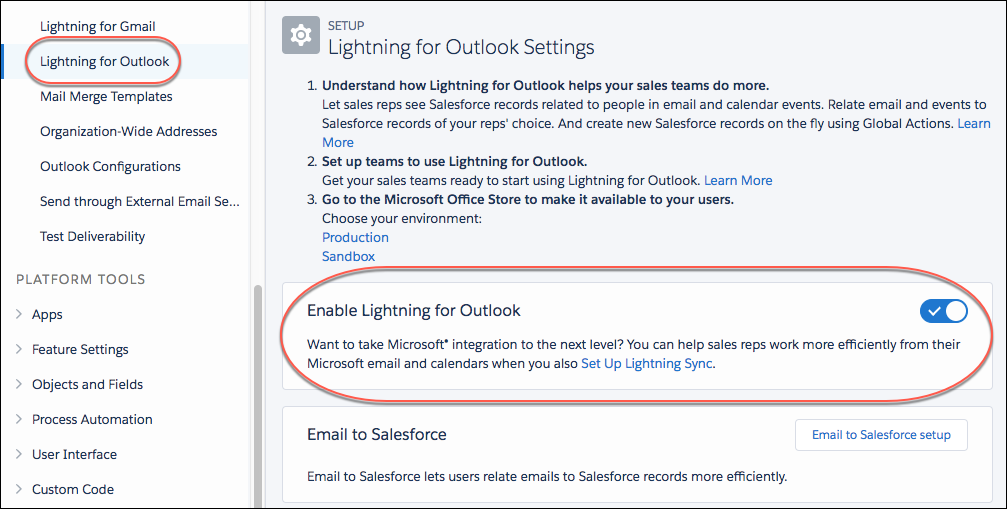 Setting to turn on Lightning for Outlook