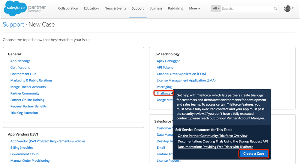 Selecting Trialforce on the New Case page