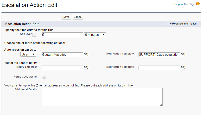 A screen shot of case escalation rule action with age over hours of 5.