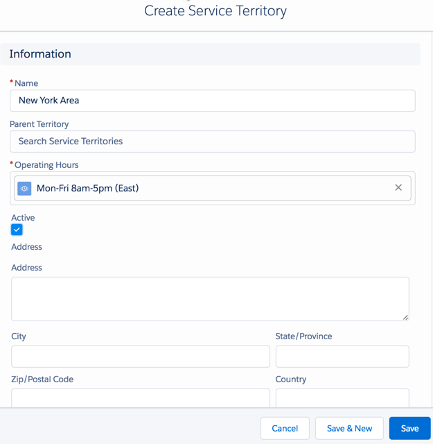 Create Service Territory dialog