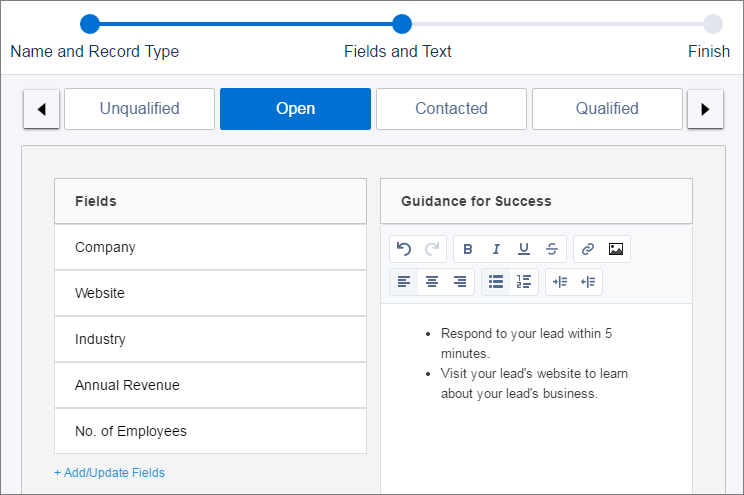 Add fields and guidance for the Open stage