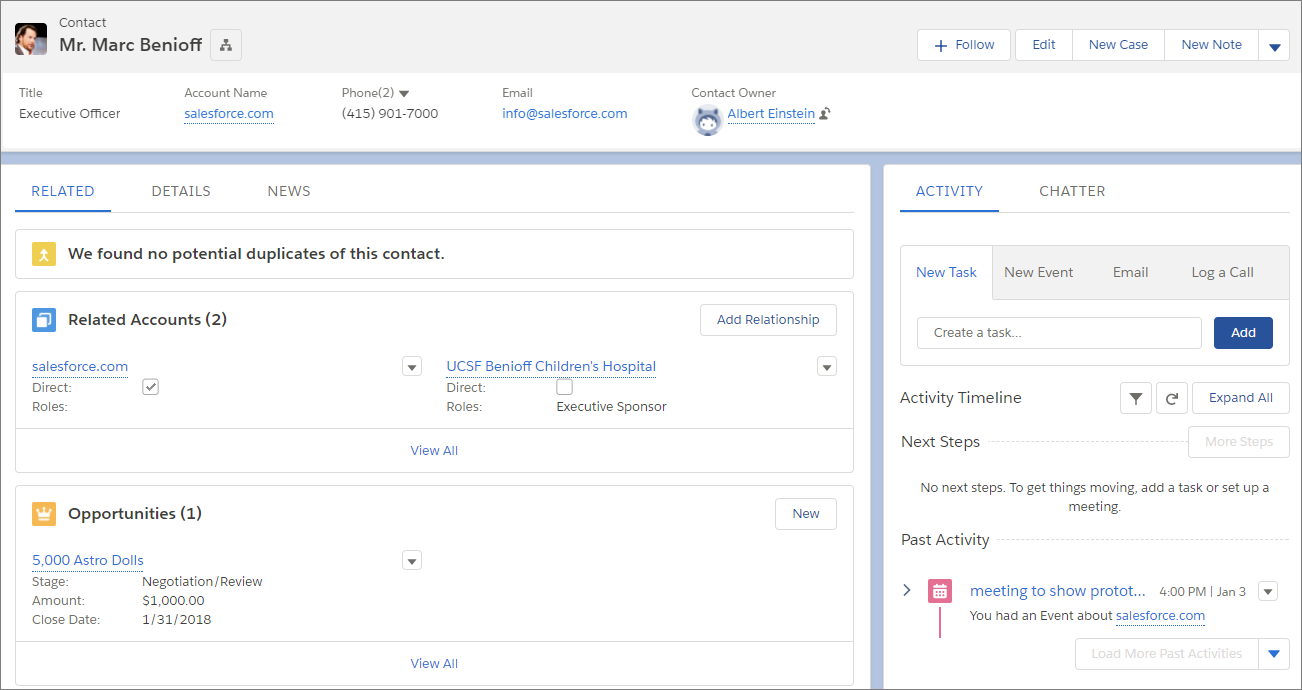 Sample Contact Record Page in Lightning Experience