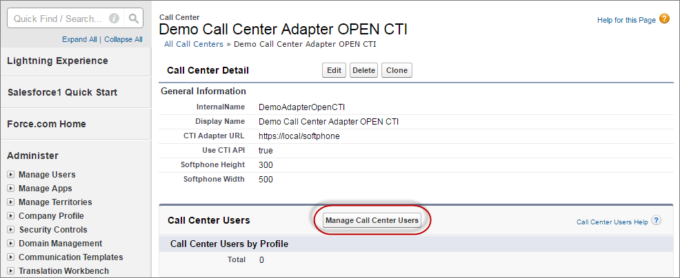 A screenshot of a call center in Setup with the Call Center Users related list.